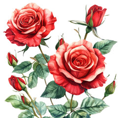 Naklejka premium Beautiful watercolor illustration of red roses, showcasing vibrant petals and lush green leaves, perfect for floral themes.