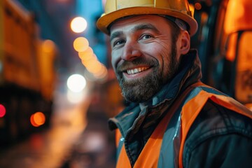 Obraz premium A worker wears a hard hat and vest on a job site, focusing on safety