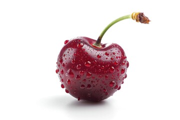 A close-up shot of a bright red cherry with water droplets glistening on its surface