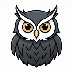 Fototapeta premium Minimalist Gray Cartoon Owl Mascot with Large Expressive Eyes and Stylized Feathers, Featuring Bold Black and White Color Scheme on a Clean White Backgroun. Perfect for Logos, Icons Halloween Design