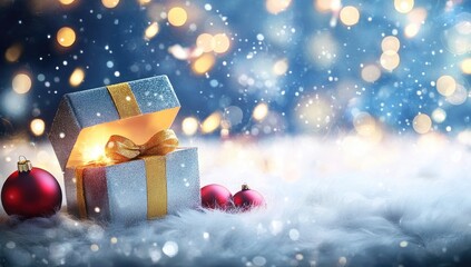 Christmas background with an open gift box and glowing light on white fur, red ornaments, blue bokeh lights, perfect for a New Year banner or greeting card