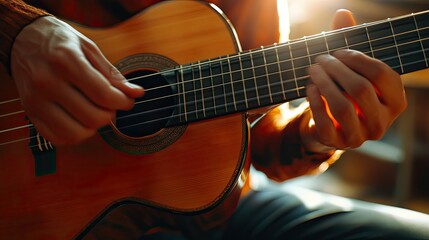 Obraz premium Hands of a skilled guitarist plucking the strings of an acoustic guitar, focusing on the precision and beauty of musical performance