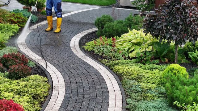 Gardener Using a Pressure Washer on a Winding Pathway in a Lush Green Landscape During Spring