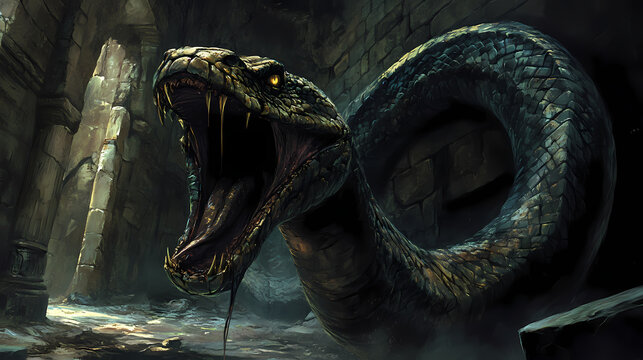 Myth of the basilisk a deadly serpent with a petrifying gaze ancient european folklore shadowy lair crumbling statues intense and dangerous atmosphere. Basilisk. Illustration