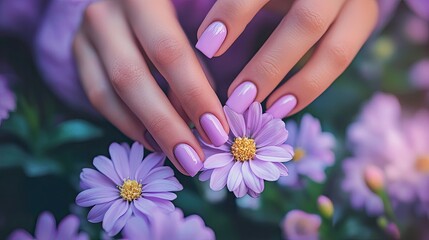 Hands with a stylish purple manicure, delicately holding a blooming flower, capturing a chic summer look with soft lighting