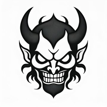 recommend clip art: Abstract Evil Demon Face with Horns. Minimalist White and Black Design. Halloween Logo Vector Icon on White Background