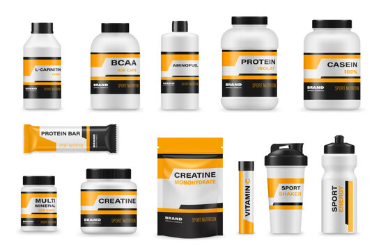 Protein sport nutrition supplement package mockups. Pill bottles, protein tub, gainer whey powder and shaker bottles. Realistic 3d vector packaging and containers feature white and orange color scheme