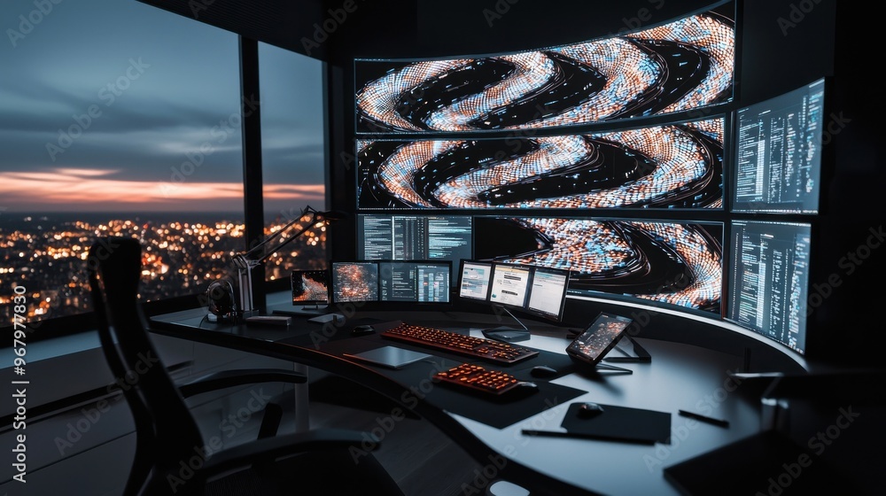 Poster a workstation with multiple layers of transparent screens stacked in a spiral, productivity and mult