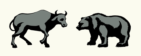 Vector drawing. Big cow and bear