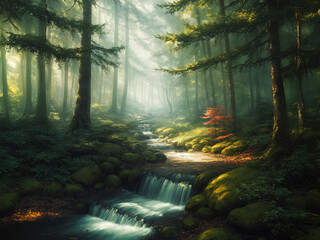 Obraz premium Lovely little cove in the woods with river and tall pine trees