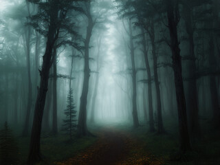 Obraz premium fog in the woods with tall pines and narrow pathway