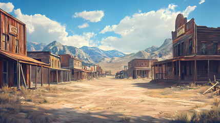 Old west town , an old west ghost town, weathered buildings, stark sunlight. Ghost. Illustration