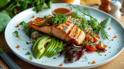 Healthy grilled salmon with fresh avocado, quinoa, and vegetables, garnished with herbs on a white plate.