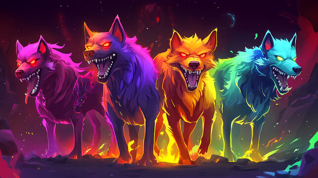 Pack of wild hellhounds - colorful, happy, friendly, 3d cartoon,. Cerberus. Illustration