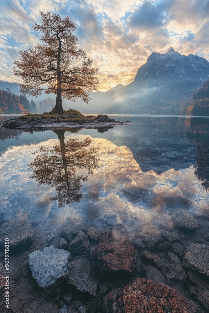 Sticker lone tree reflected in lake