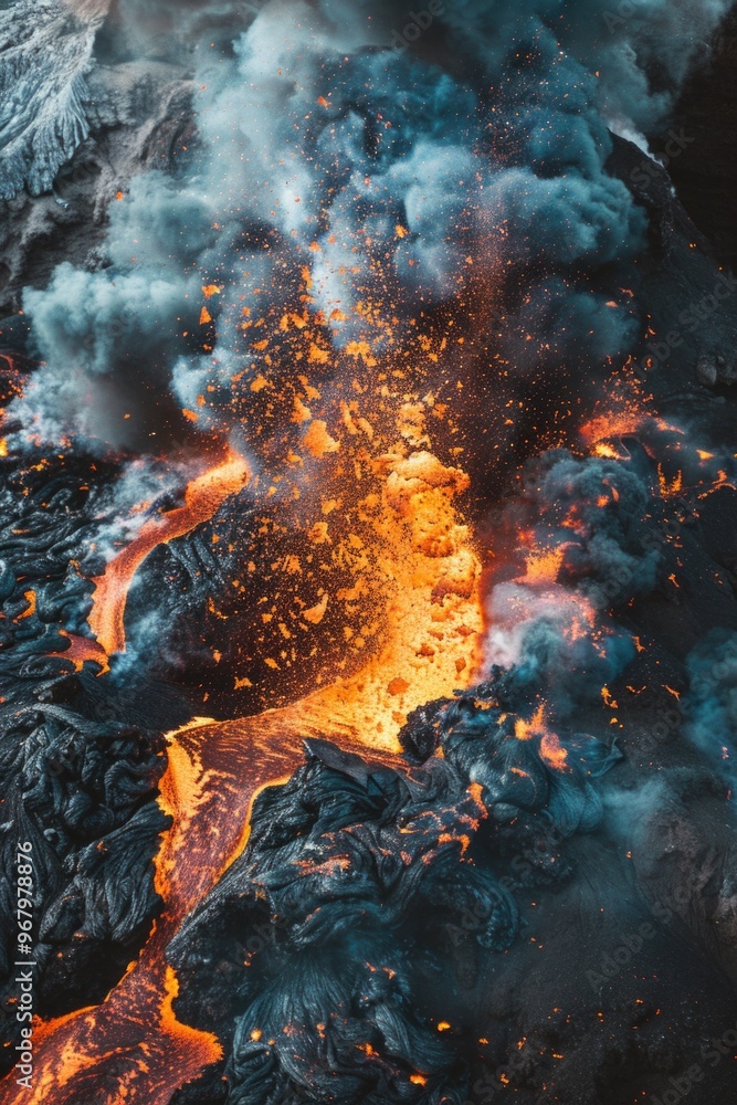 Poster aerial view of a volcanic lava flowing into the ocean, with waves crashing against the shore