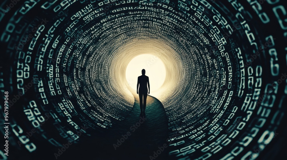 Poster abstract countdown spiral: a person standing at the beginning of a spiral, with numbers counting dow
