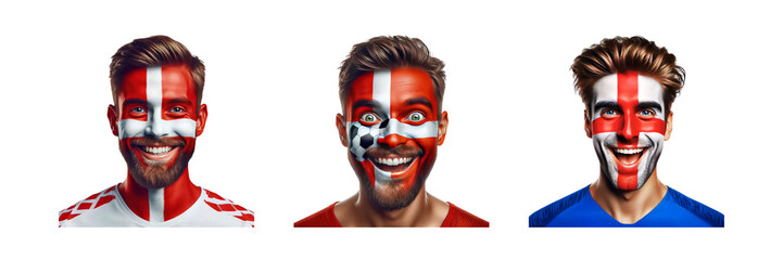 Set of Man soccer fun portrait with painted face of England flag, isolated over on transparent white background