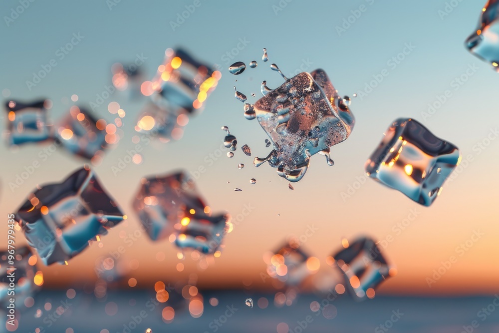 Poster a bunch of ice cubes suspended in mid-air, perfect for use in illustrations about cold weather or cl