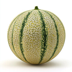 A realistic photograph of a whole melon, a solid light yellow color with green patterns on it, isolated against a white background