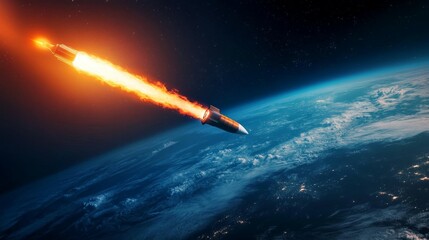 Obraz premium A rocket ascending into space with a fiery exhaust against the backdrop of Earth.