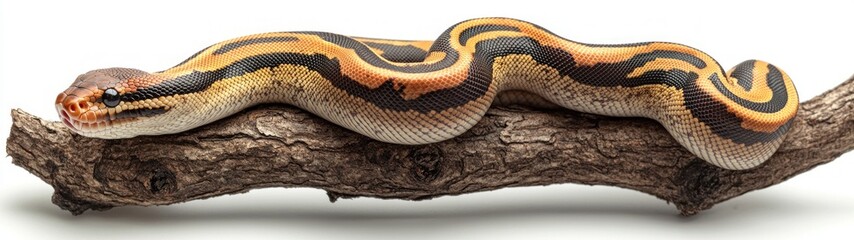 Obraz premium Ball Python Embracing a Branch, a striking full-body view of a vibrant ball python elegantly coiled around a branch, set against a pristine white backdrop.