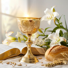 A golden chalice in center with light coming from it.