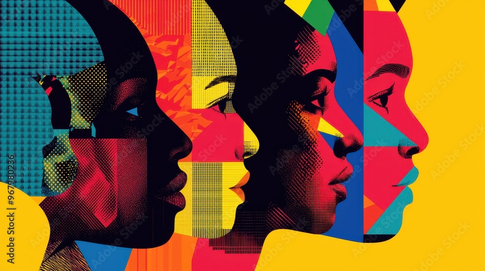 Poster abstract faces made of a mosaic of colors and geometric shapes, blending together yet remaining dist