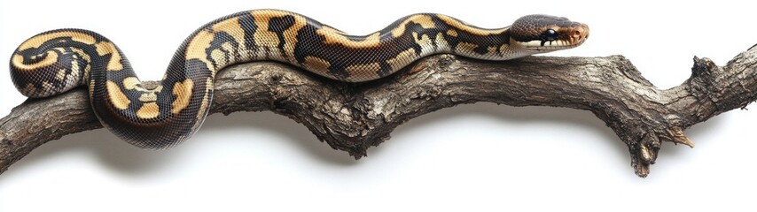 Obraz premium Coiled Elegance, a ball python gracefully entwined around a branch, showcasing its intricate scales against a minimalist white backdrop, emphasizing its natural beauty.