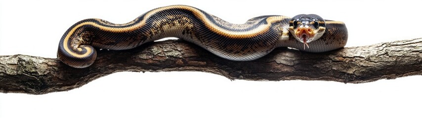 Fototapeta premium Ball Python Embracing Nature, full-body portrait of a vibrant ball python coiling around a branch, set against a pristine white backdrop, highlighting its intricate patterns and textures.