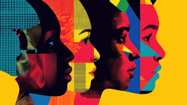 Abstract faces made of a mosaic of colors and geometric shapes, blending together yet remaining distinct, symbolizing workforce diversity and inclusion