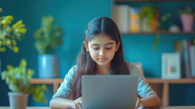 focused asian indian teen girl studying with a laptop on desk, back-to-school banner concept mockup