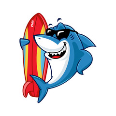 Cartoon cool shark with sunglasses holding a surfboard. Surfing logo concept illustration.