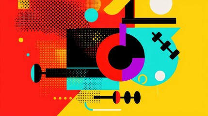 Obraz premium Abstract geometric shapes representing different sports equipment (e.g., dumbbells, running shoes, jump ropes) converging at the center, symbolizing the integration of multiple fitness disciplines