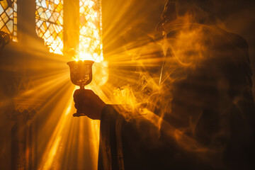 Catholic priest holding up chalice with golden light.