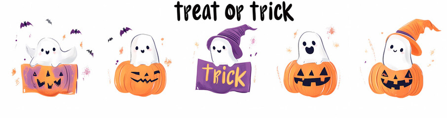 set of cute Halloween cards with ghost, pumpkin and zombie characters on white background
