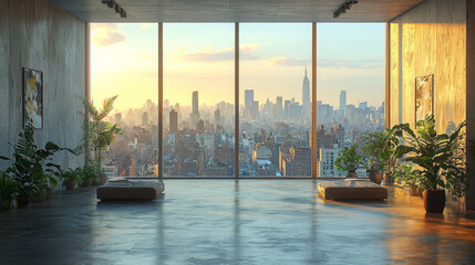 Spacious urban living room with floor to ceiling windows overlooking the city.