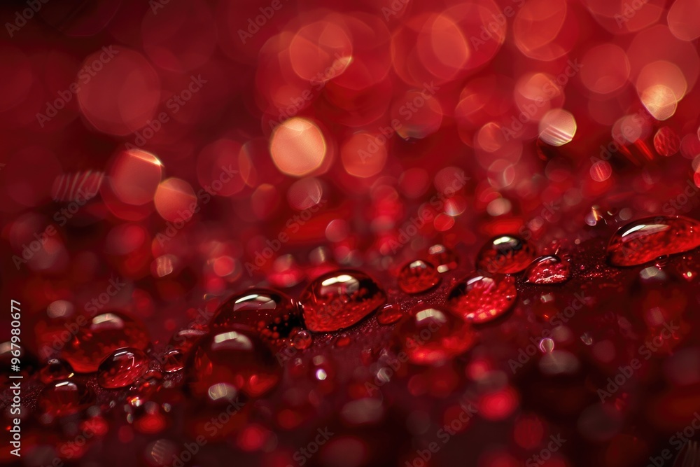Poster close-up shot of water droplets on a red surface, suitable for use in scientific or educational cont