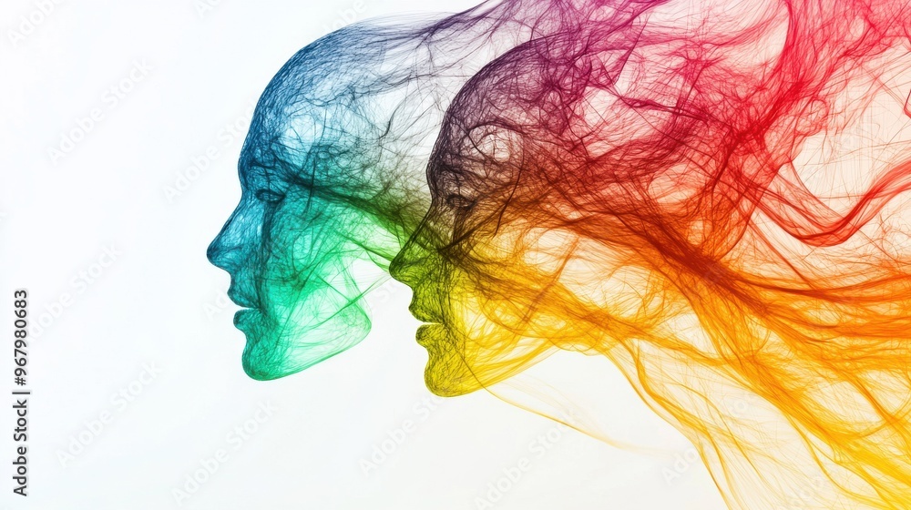 Aufkleber abstract human silhouettes connected by a series of colorful digital threads, forming a network of c