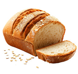 Loaf of fresh bread with sesame seeds and slices perfect for bakery, food photography, and breakfast, Cutout, Isolated on White Background