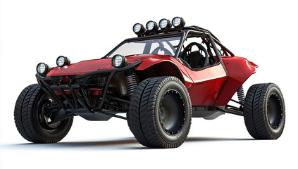 A red dune buggy, with black accents and off-road tires, on a white background