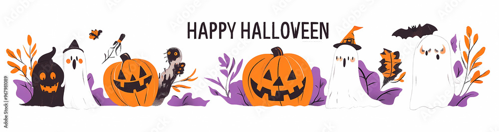 Wall mural Set of cute Halloween posters, cards and banners with ghost characters and pumpkin, candy bag design vector Illustration on white background