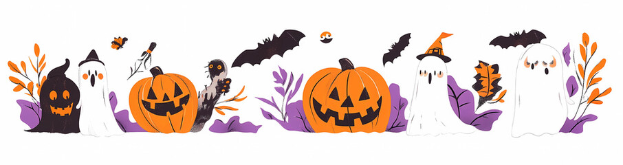 Naklejka premium Set of cute Halloween posters, cards and banners with ghost characters and pumpkin, candy bag design vector Illustration on white background