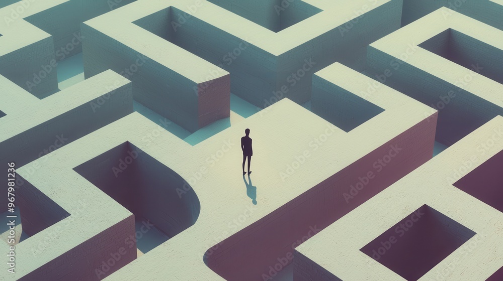 Poster action solves problems: a figure standing in front of a maze, lost in thought, but as they start wal