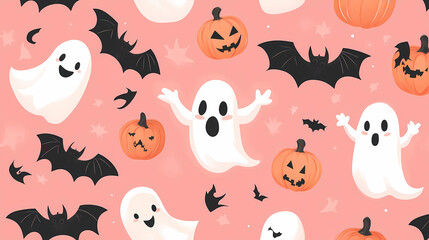 Fototapeta premium Halloween background with cute ghosts, pumpkins, and bats vector illustration pattern design on a pink color background. Halloween card template. 