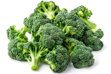 A bunch of green broccoli florets arranged neatly on a white background
