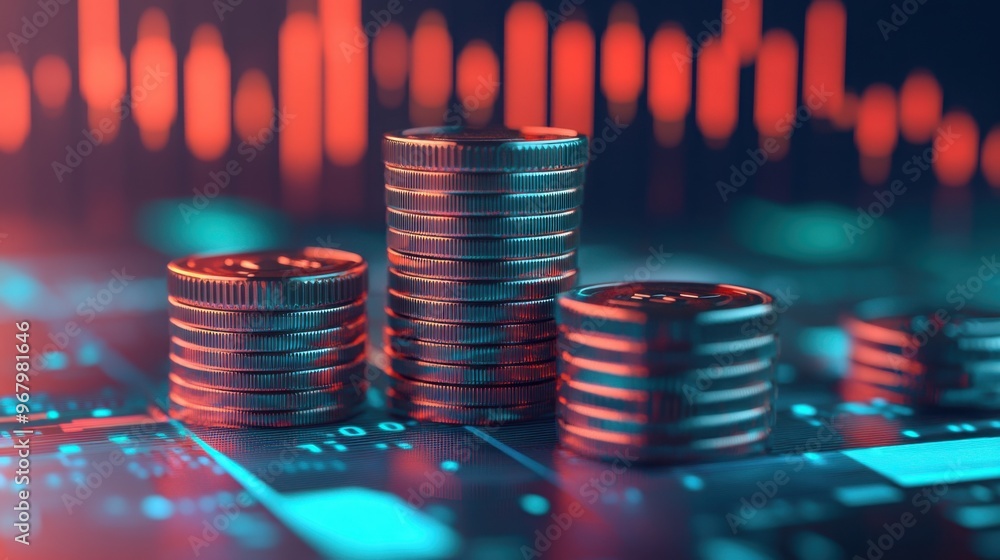 Poster digital coin stacks growing taller with glowing interest rate lines, financial forecast data in the 