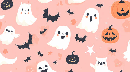 Halloween background with cute ghosts, pumpkins, and bats vector illustration pattern design on a pink color background. Halloween card template. 