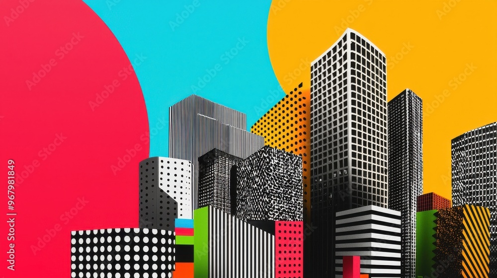 Poster an abstract cityscape where each building is represented by a different color and pattern, symbolizi