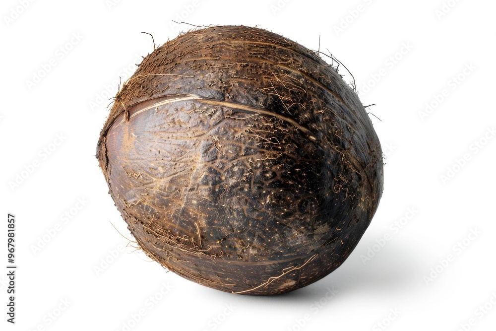 Poster a close-up shot of a single coconut on a white background